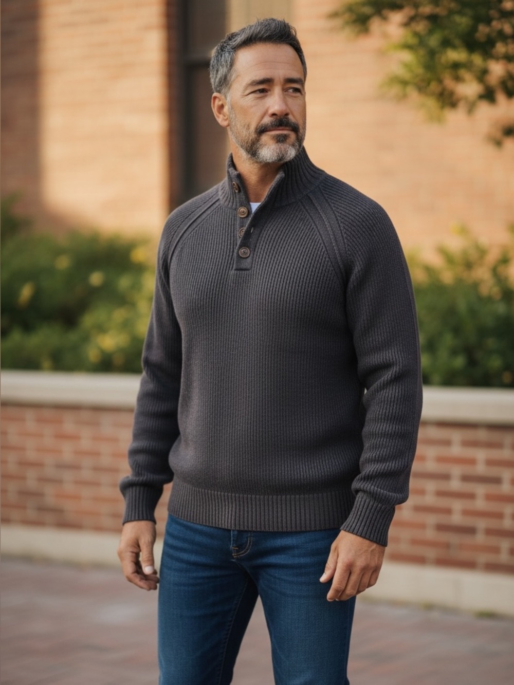 Men's Button-Neck Ribbed Sweater - Navy